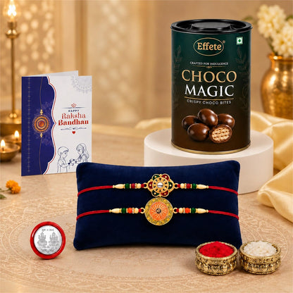 Flower Rakhi for Brother with Chocolate Magic 96gm, Roli Tikka & Card | Pack of 6