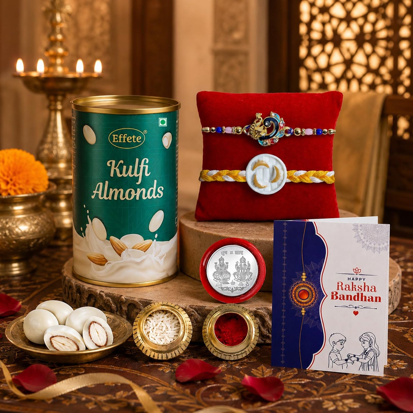 Heartwarming Sibling Rakhi for Brother with Kulfi Almonds 96gm, Pack of 6