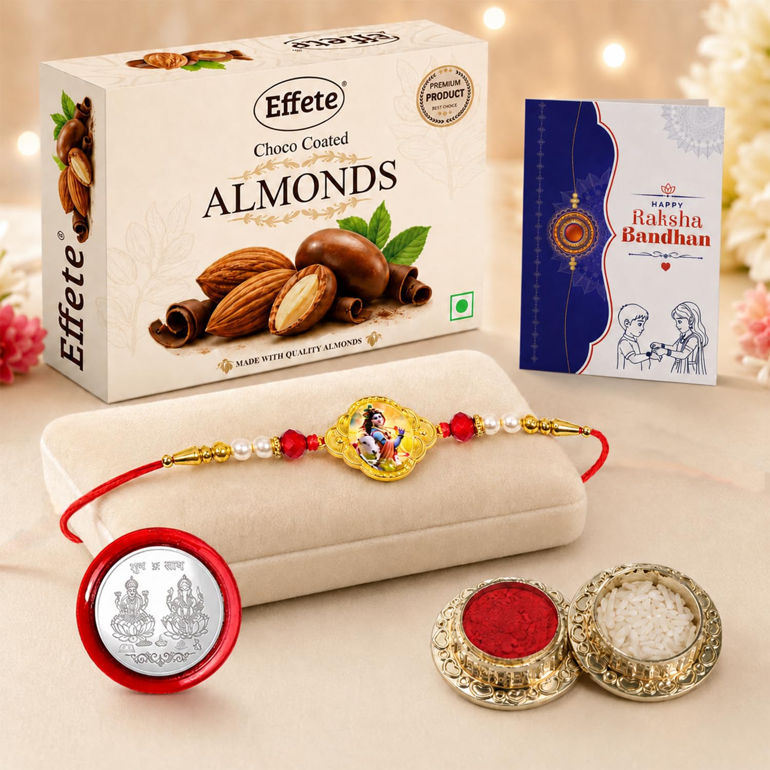 Krishna Rakhi for Brother with Choco Almonds 32gm, Roli Tikka & Card | Pack of 5