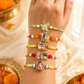 Designer Vibrant Rakhi for Brother with Roli Tikka, Pooja Coin & Card, Pack of 8