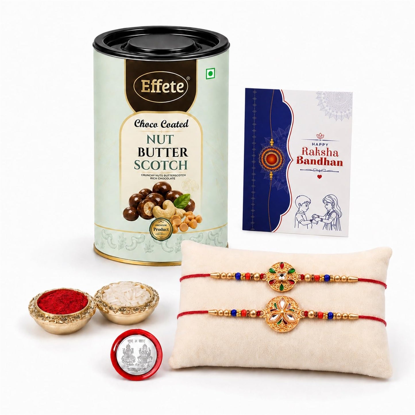 Designer Rakhi for Brother with Butter Scotch 96gm, Roli Tikka & Card, Pack of 6