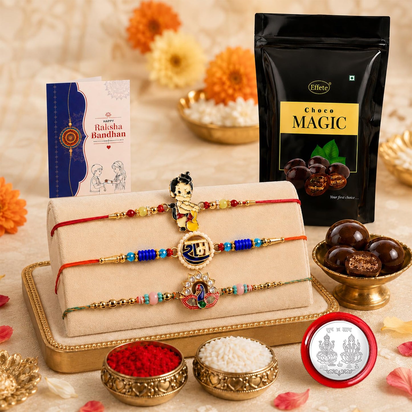 Peacock Rakhi for Brother with Choco Magic Pouch, Roli Tikka & Card, Pack of 7