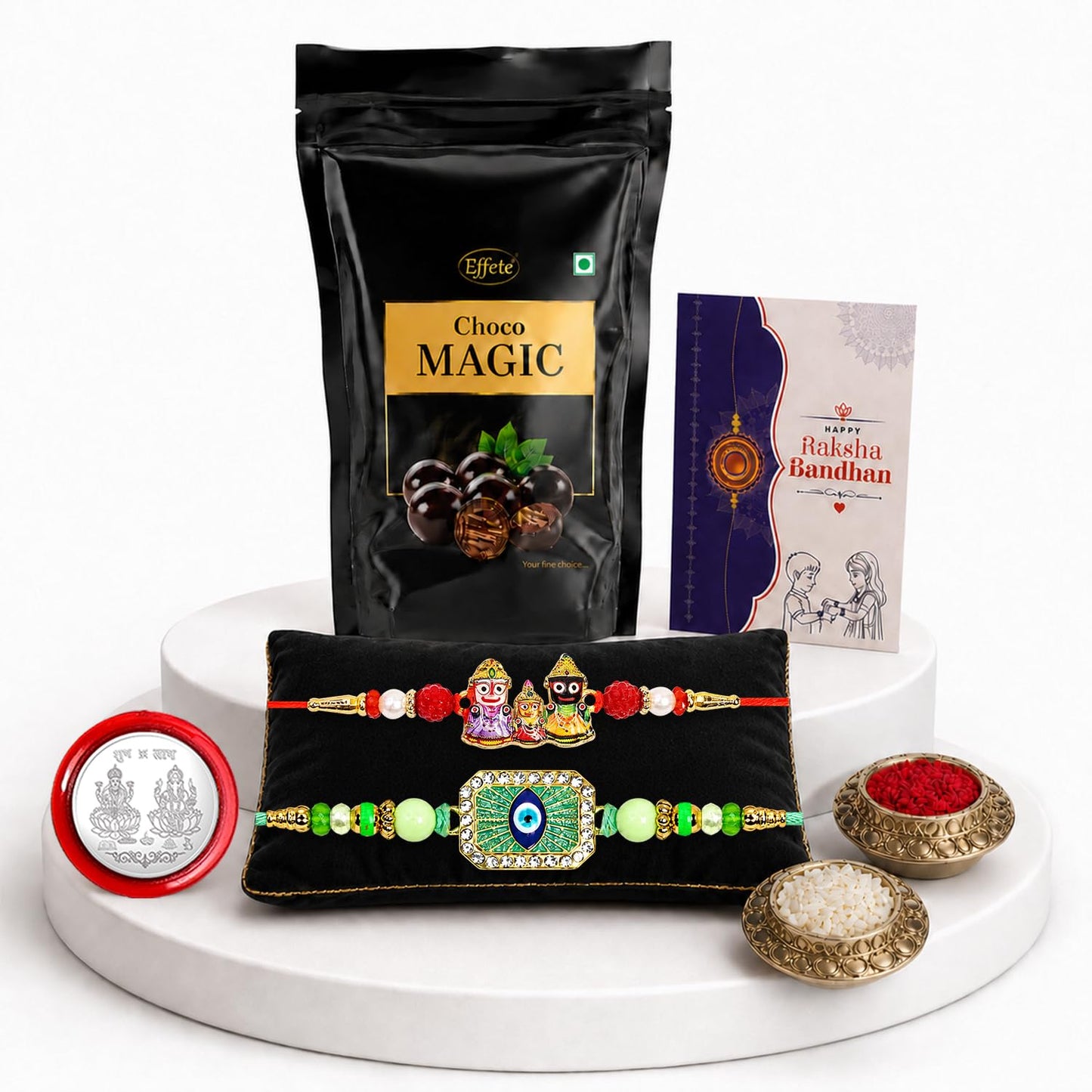 Lord Jagannath Rakhi Combo - Raksha Bandhan Gift with Choco Magic Standy Pouch, Pack of 6