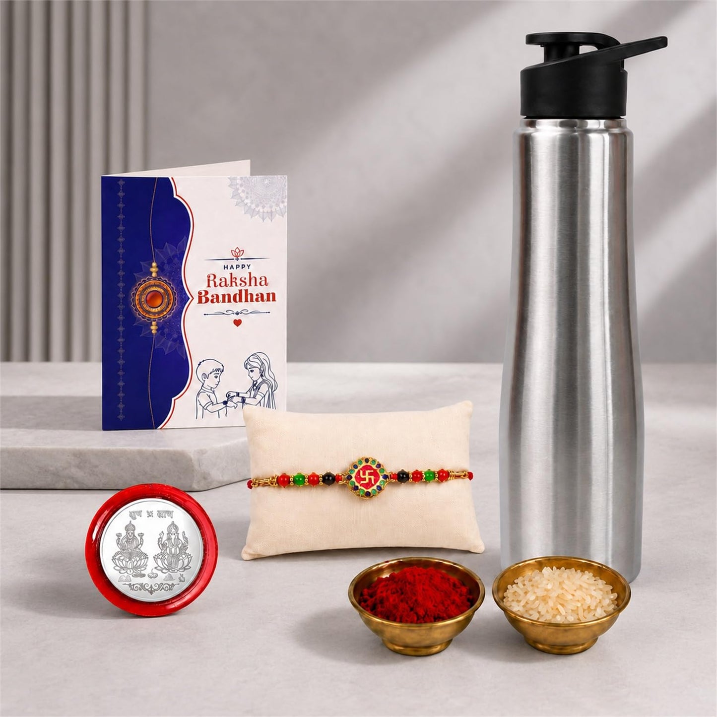 Swastika Style Rakhi for Brother & Bhaiya with Customized Stainless Steel Water