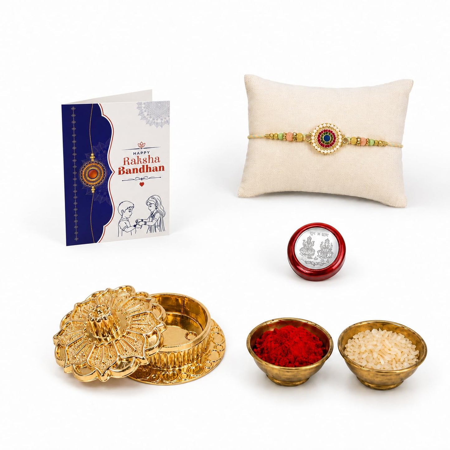 Round Floral Rakhi Combo - Raksha Bandhan Gift with Golden Pooja Kankavati, Pack of 5