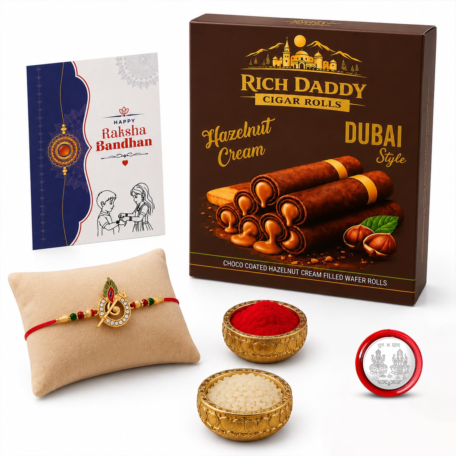 Feather Rakhi for Brother with Hazelnut Wafer Rolls, Roli Tikka & Card, Pack of 5