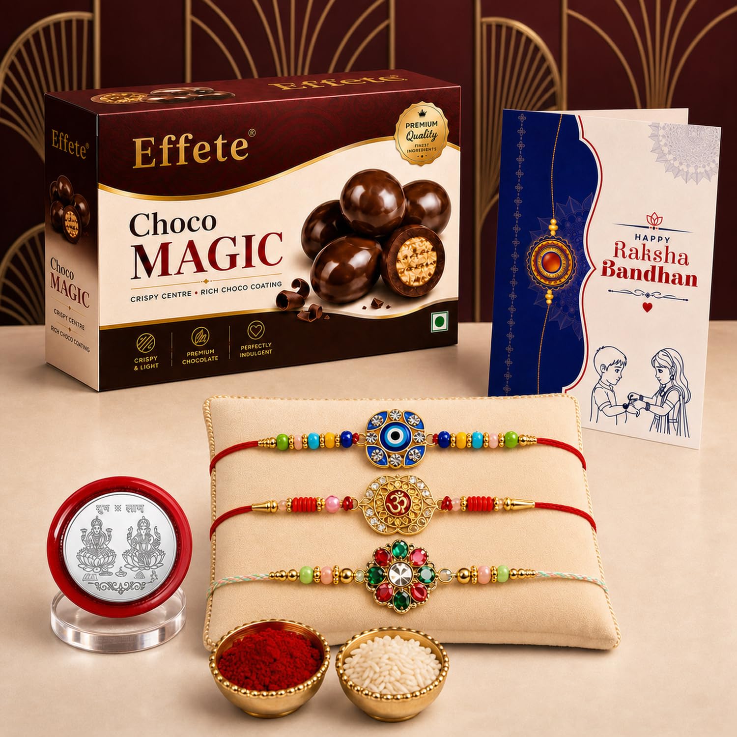Rakhi with Chocolate for Brother (Set of 7) – Raksha Bandhan Festival Celebration Pack with Evil Eye, Flower & OM Design Rakhi, Chocolate, Roli Chawal, Silver Color Pooja Coin & Greeting Card