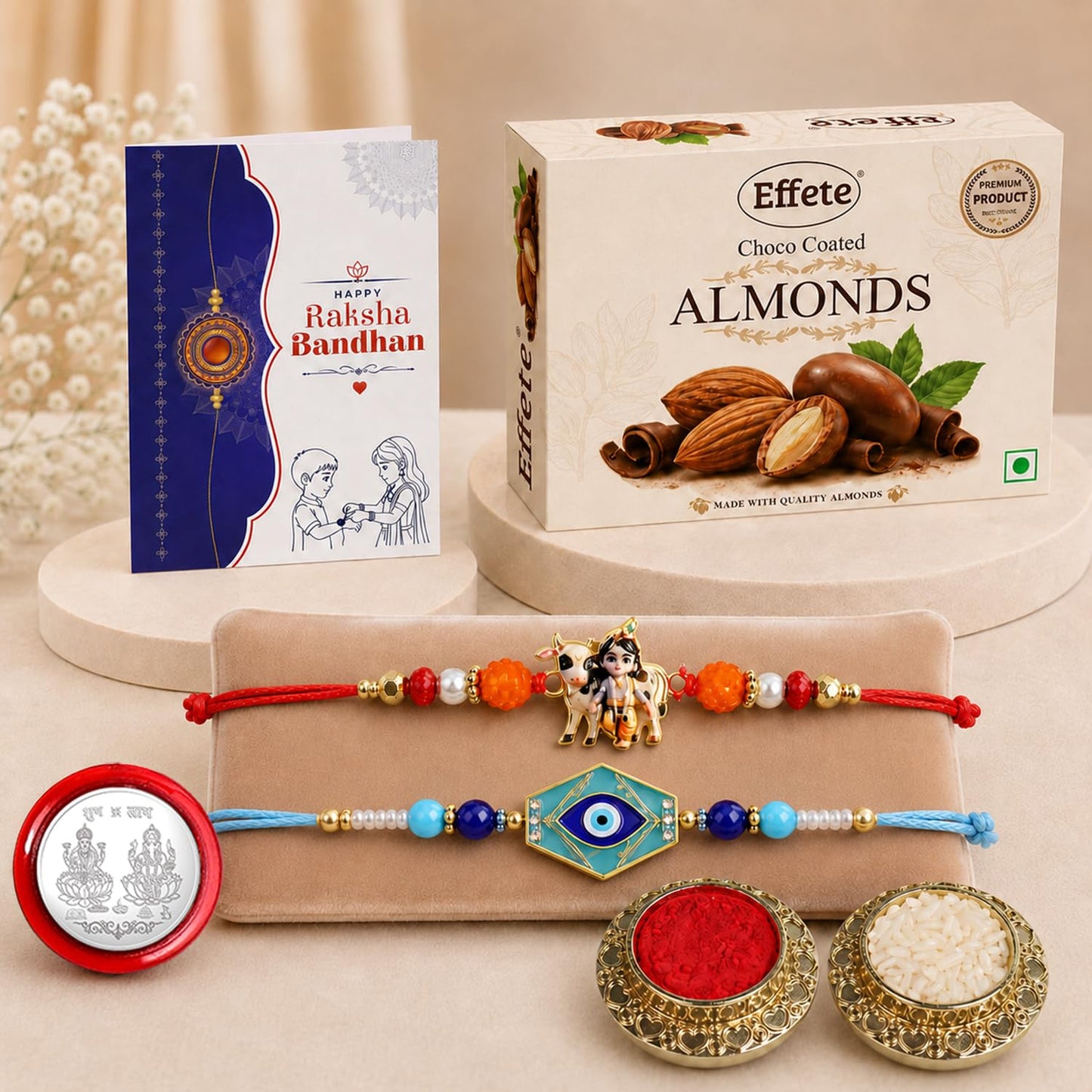 Krishna Cow, Evil Eye Rakhi Combo - Raksha Bandhan Gift with Choco Almonds 32gm, Pack of 6
