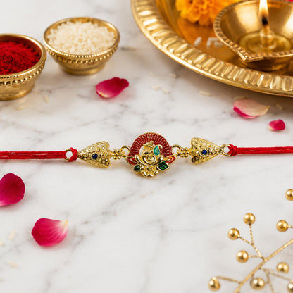Floral Rakhi for Brother with Chocolate Magic 96gm, Roli Chawal & Card, Pack of 5