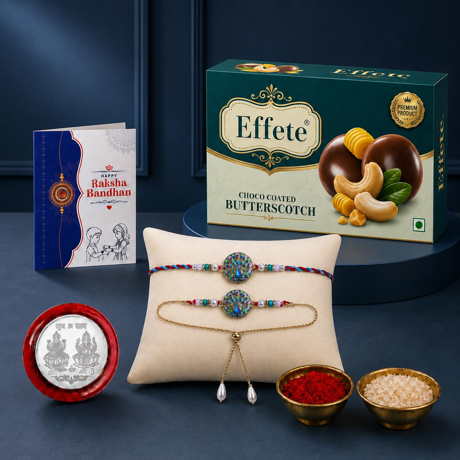 A Raksha Bandhan gift set features a teal box of butterscotch, a greeting card, two peacock-themed bracelets, and small