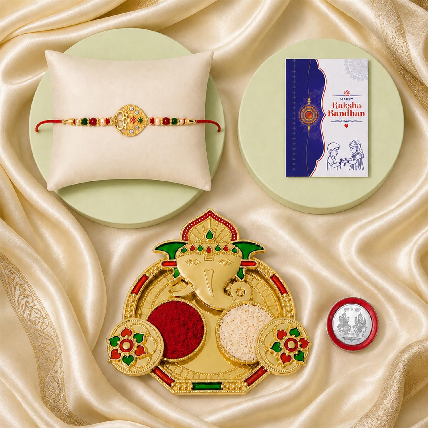 OM Multicolor Rakhi for Brother & Bhaiya with Shri Ganesh Pooja Thali | Pack of 5