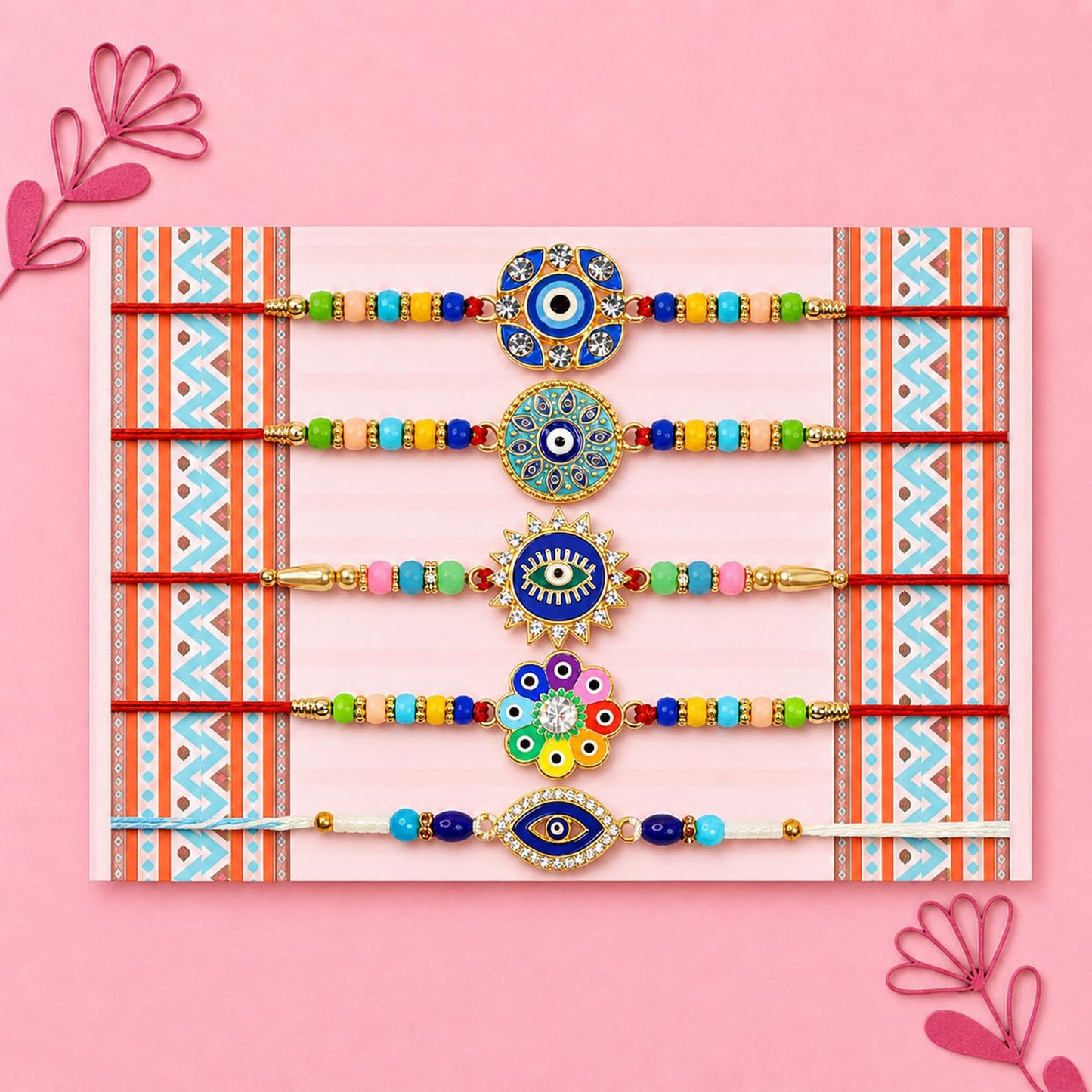 Designer Graceful Rakhi for Brother with Roli Tikka, Pooja Coin & Card, Pack of 8