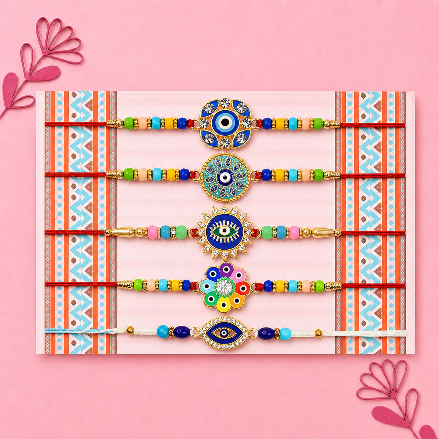 Designer Graceful Rakhi for Brother with Roli Tikka, Pooja Coin & Card, Pack of 8