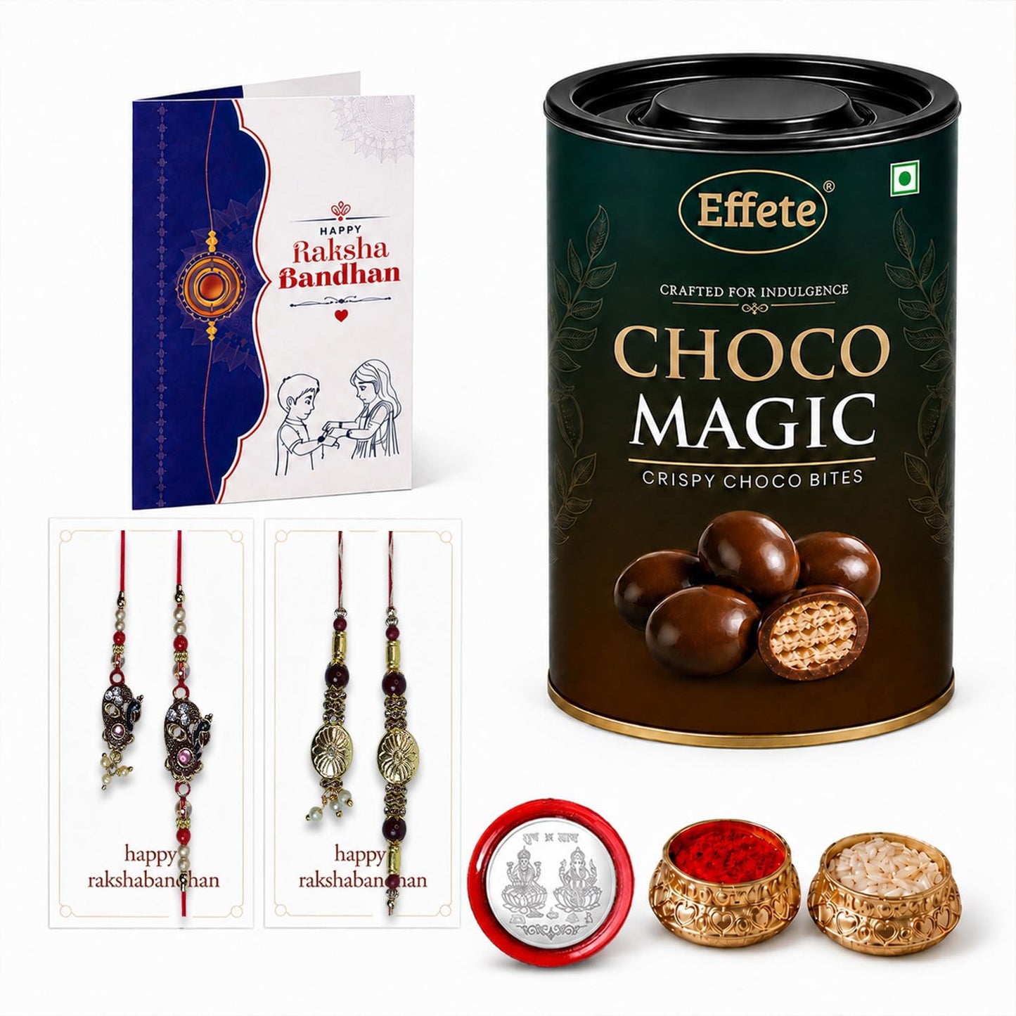 Designer Rakhi for Brother with Choco Magic 96gm, Roli Tikka, Pack of 6 | Vibrant