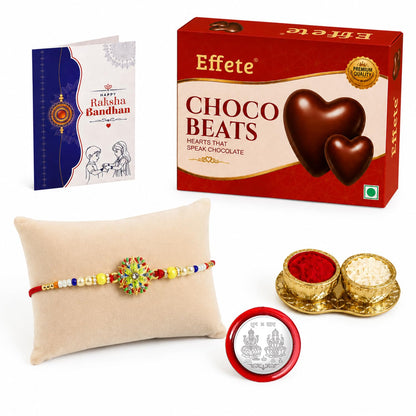 Floral Multicolor Rakhi & Chocolate Beats 32gm with Roli Chawal, Silver Color Pooja Coin & Greeting Card, Rakshbandhan Combo, Rakhi & Chocolate, Pack of 5 For Raksha Bandhan