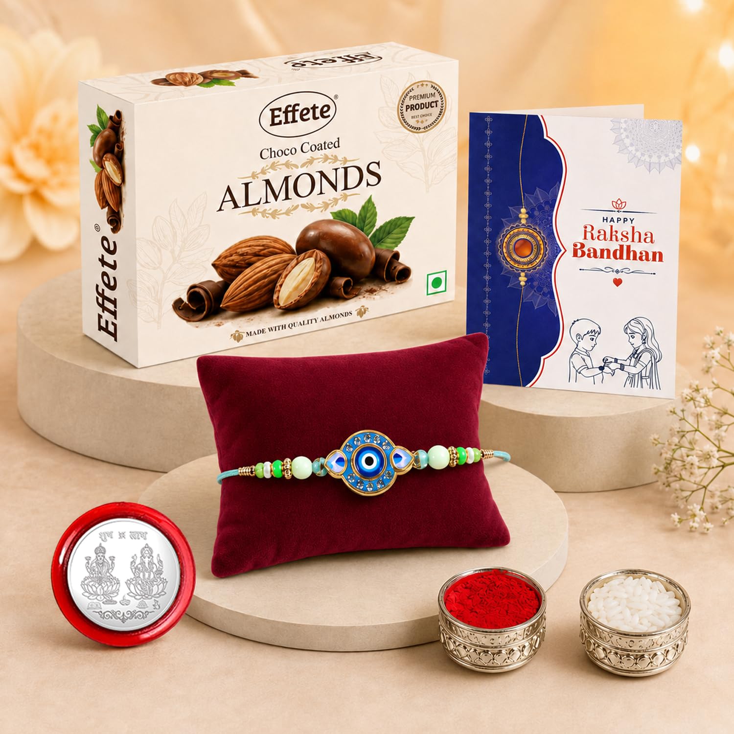 Evil Eye Rakhi for Brother with Choco Almonds 32gm, Roli Tikka & Card, Pack of 5