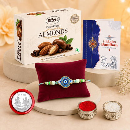 Evil Eye Rakhi for Brother with Choco Almonds 32gm, Roli Tikka & Card, Pack of 5
