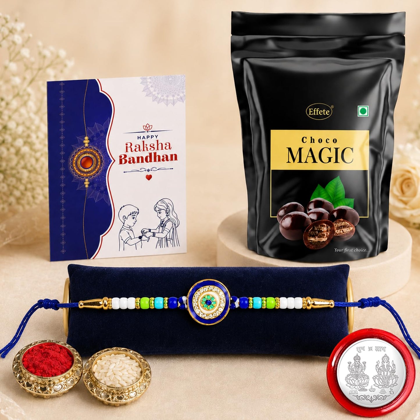 Evil Eye Rakhi for Brother with Choco Magic Pouch, Roli Tikka & Card | Pack of 5