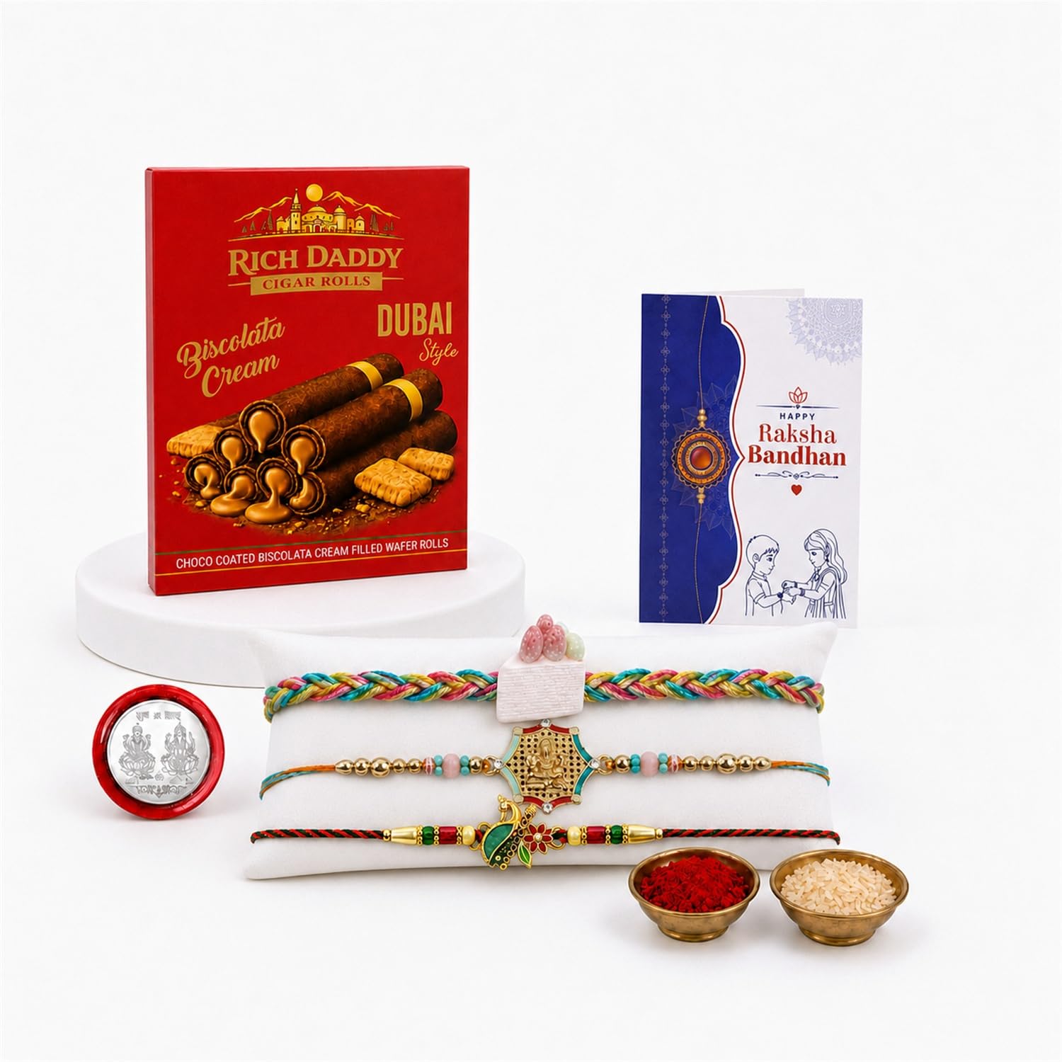 Cake Rakhi for Brother with Biscolata Wafer Rolls, Roli Tikka & Card, Pack of 7