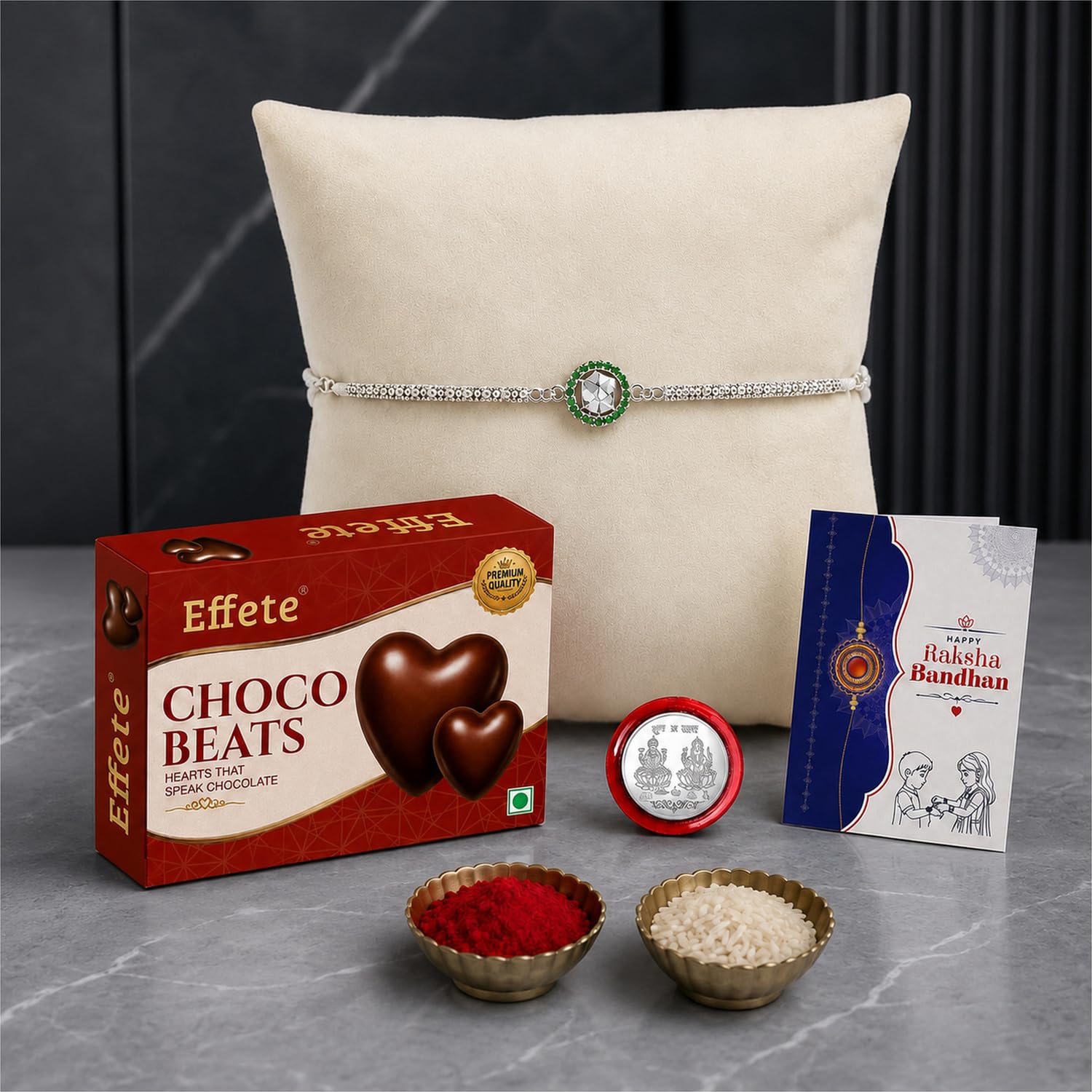 Radha Krishna Rakhi for Brother with Chocolate Beats 32gm, Coin & Card, Pack of 5