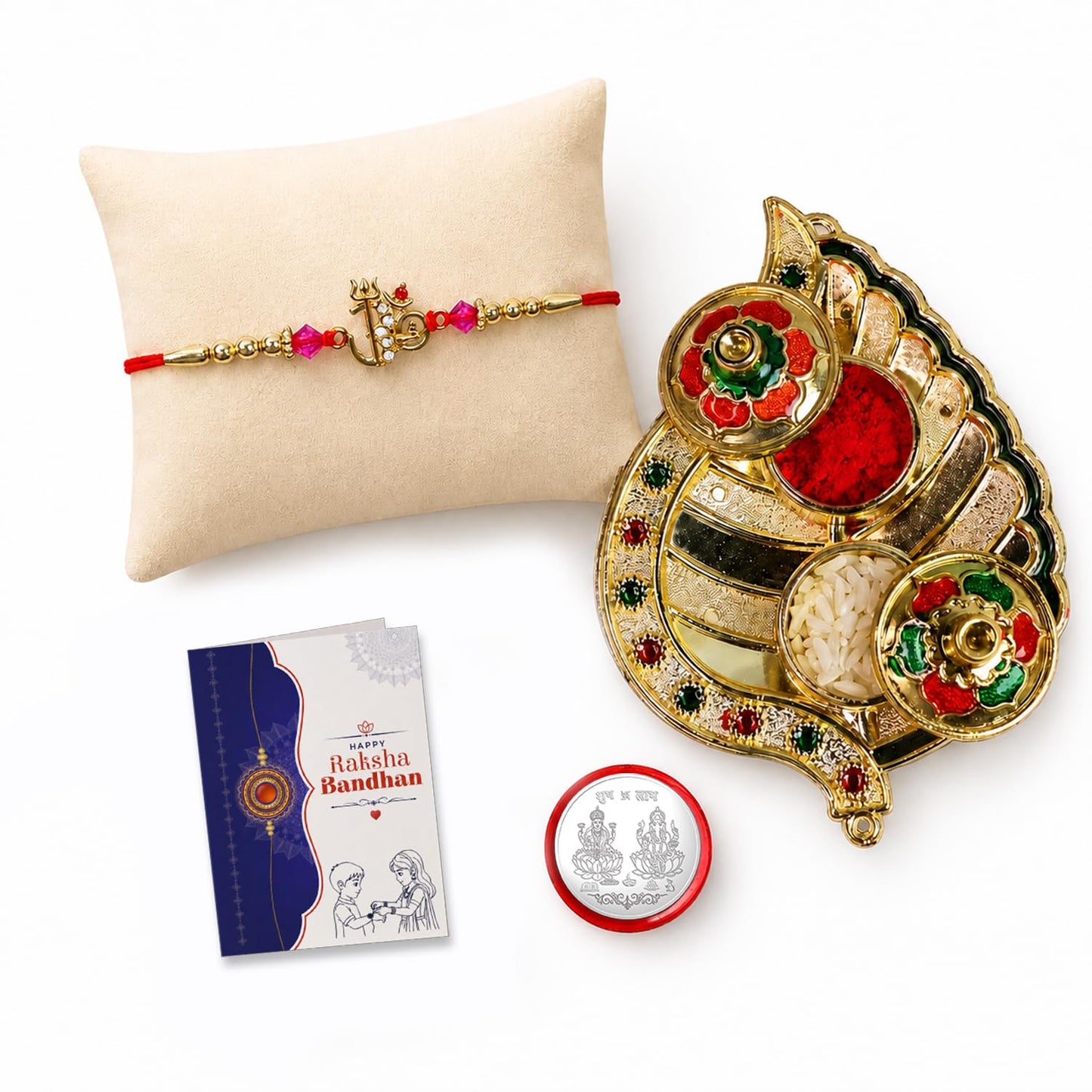 Om Multicolor Rakhi for Brother & Bhaiya with Leaf Shape Pooja Thali | Pack of 5