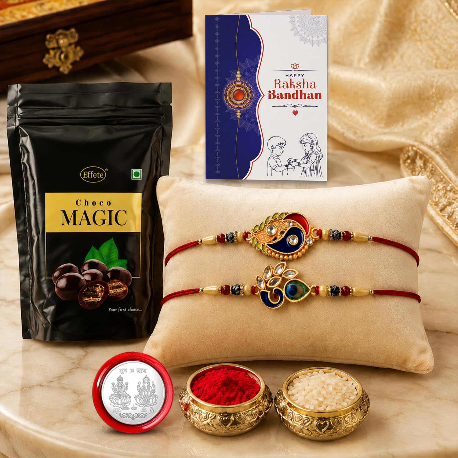 Leaf Rakhi for Brother with Choco Magic Pouch, Roli Tikka & Card, Pack of 6