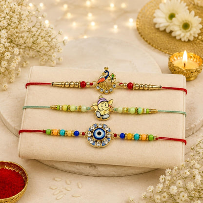 Peacock Rakhi for Brother with Chocolate Magic 96gm, Roli Tikka & Card, Pack of 7