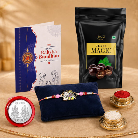 Krishna Rakhi for Brother with Choco Magic Pouch, Roli Tikka & Card, Pack of 5
