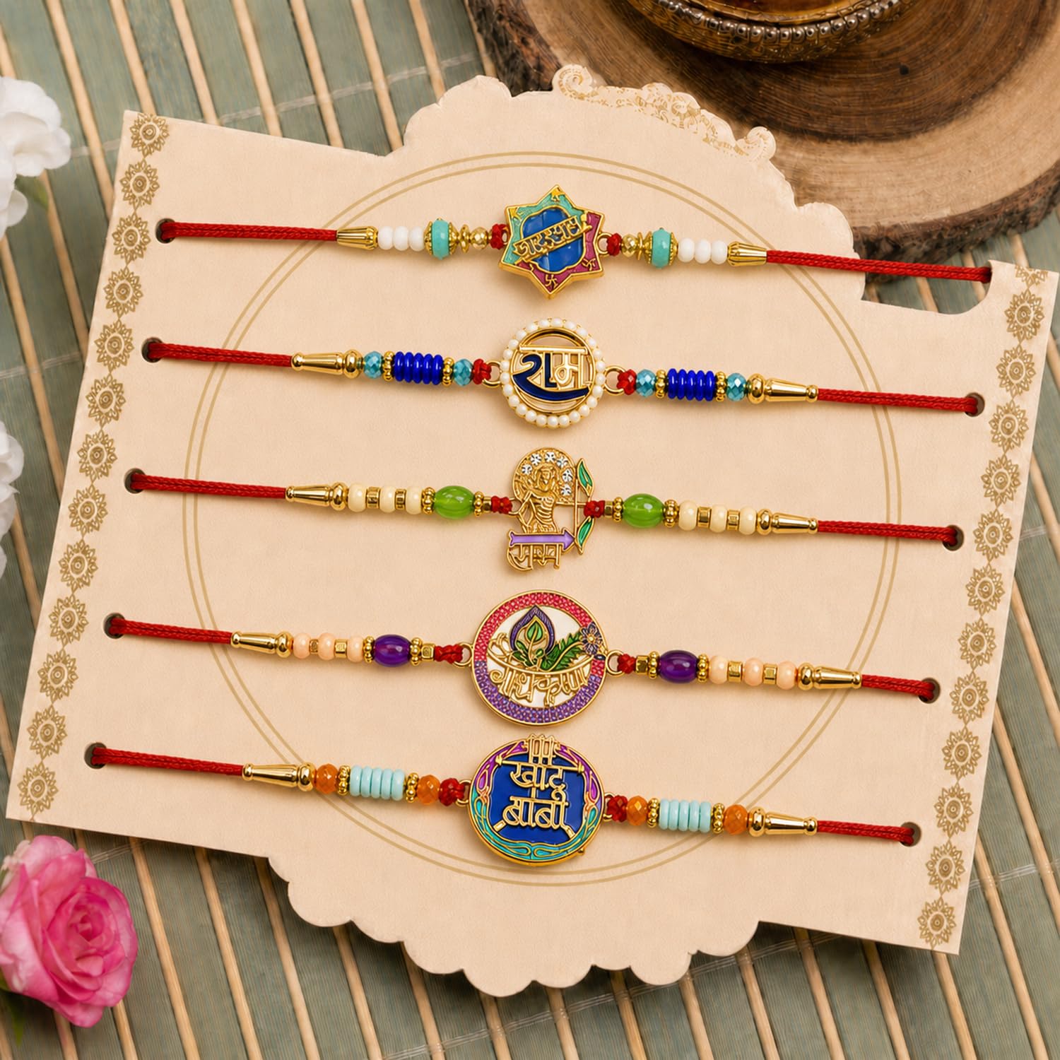 Elegant Graceful Rakhi for Brother with Roli Tikka, Pooja Coin & Card, Pack of 8