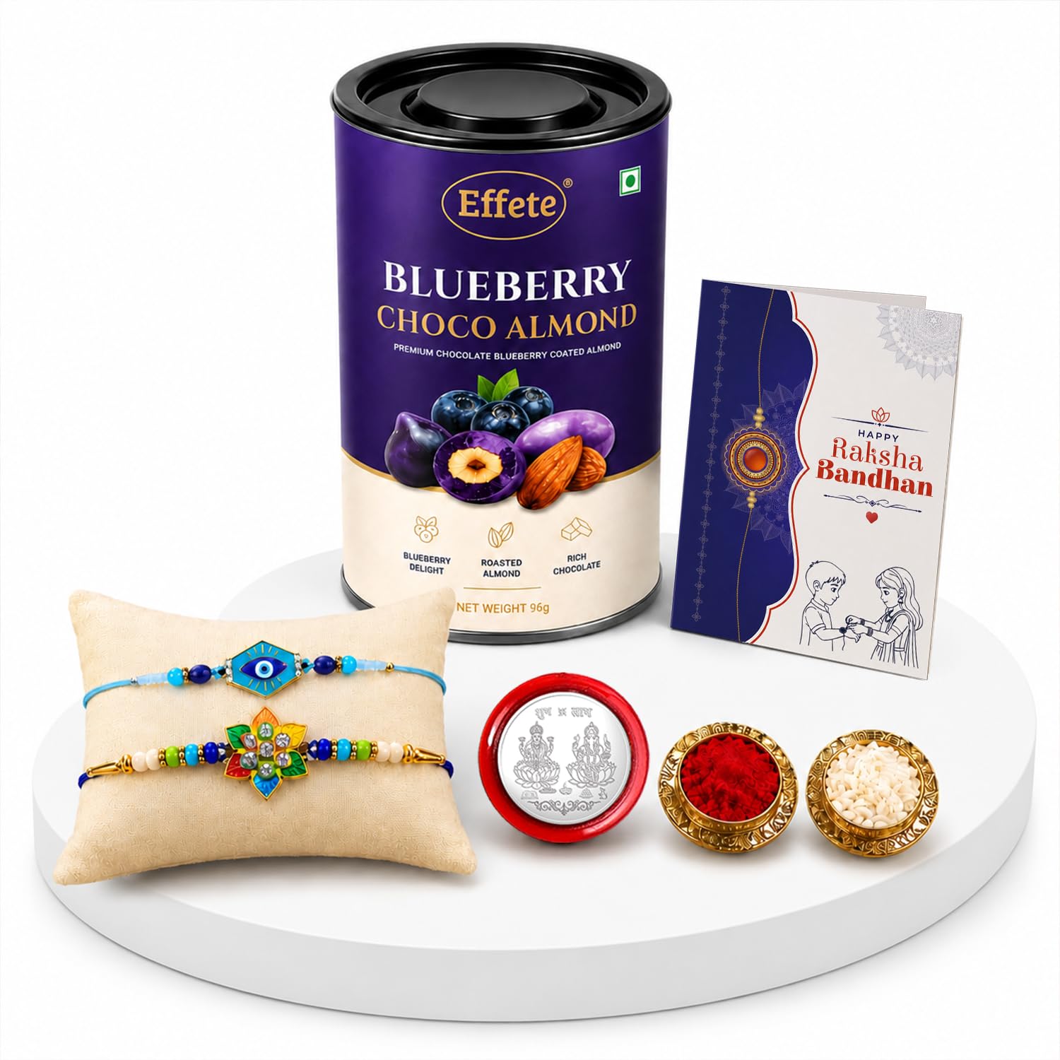 Evil Eye, Flower Multicolor Rakhi & Blueberry Choco Almond 96gm with Roli Chawal, Silver Color Pooja Coin & Greeting Card, rakhi combo for brother, Rakshbandhan Combo, Pack of 6 For Raksha Bandhan