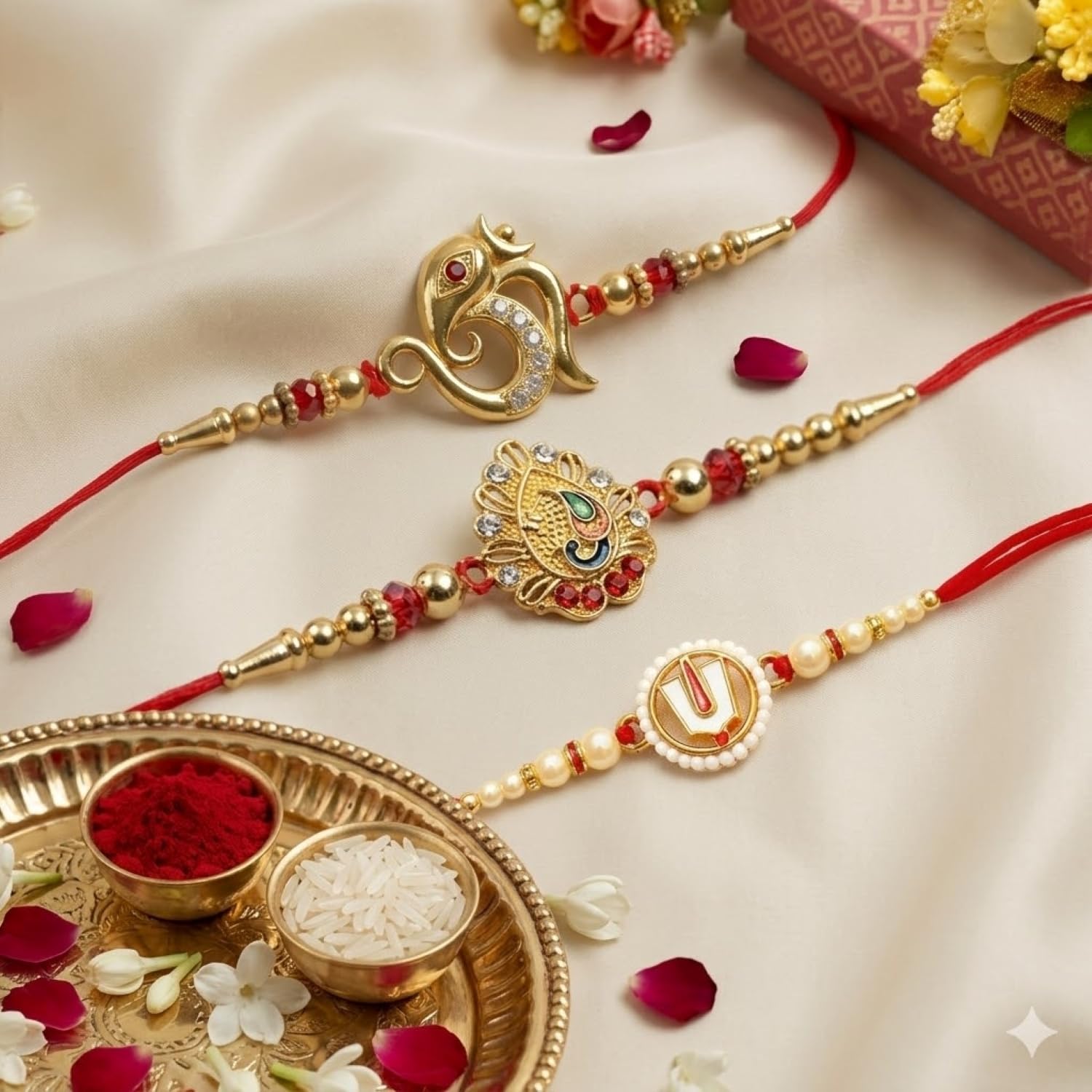 Rakhi Set for Brother (Set of 7) – Balaji, Peacock & Ganesha Rakhi Combo with Chocolate, Roli Chawal, Silver Color Pooja Coin & Greeting Card – Raksha Bandhan Hamper (K3_1049+1030+1143_CA32)