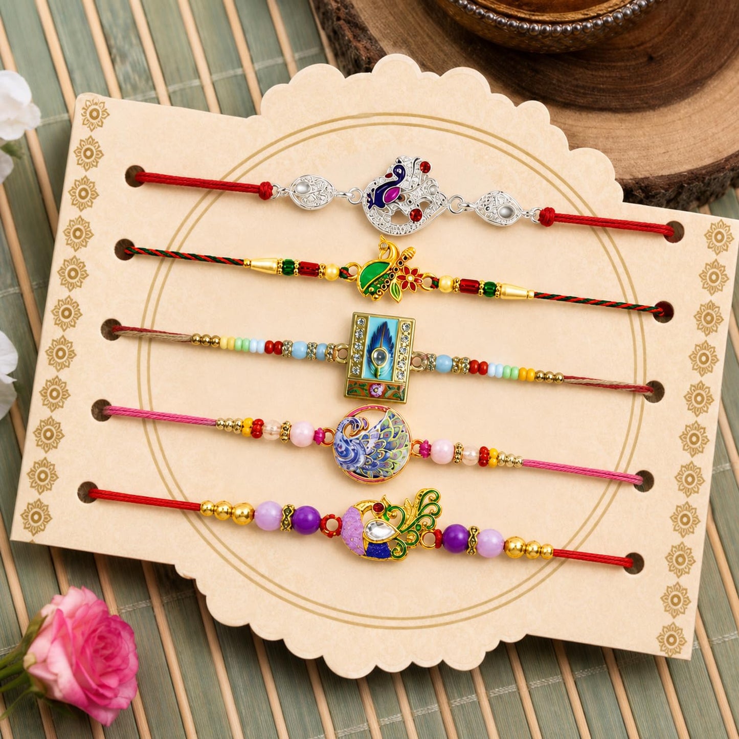Designer Gorgeous Rakhi for Brother with Roli Tikka, Pooja Coin & Card, Pack of 8