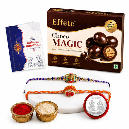 Cherry Rakhi for Brother with Chocolate Magic 96gm, Roli Tikka & Card, Pack of 6