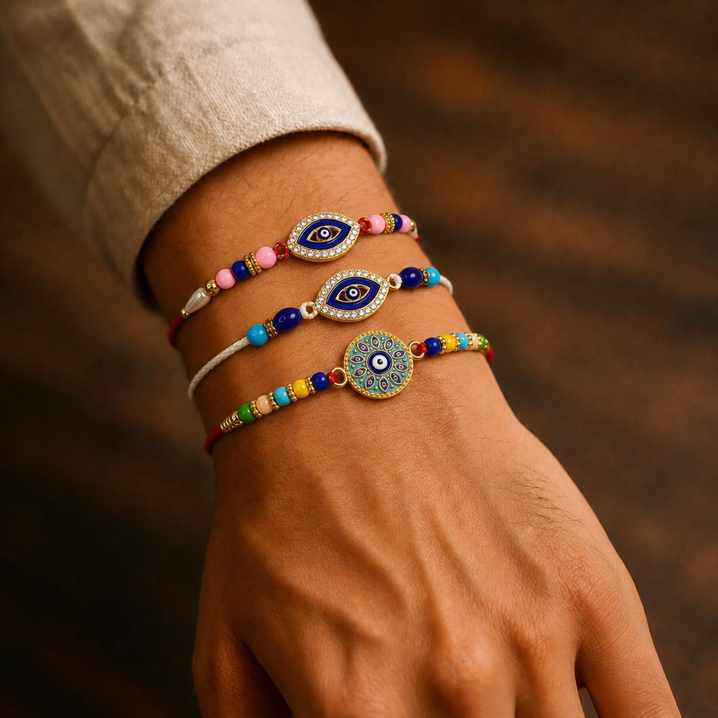 Designer Ethnic Multicolor Evil Eye Rakhi for Brother with Roli Tikka, Pack of 6