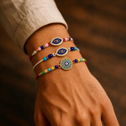 Designer Ethnic Multicolor Evil Eye Rakhi for Brother with Roli Tikka, Pack of 6