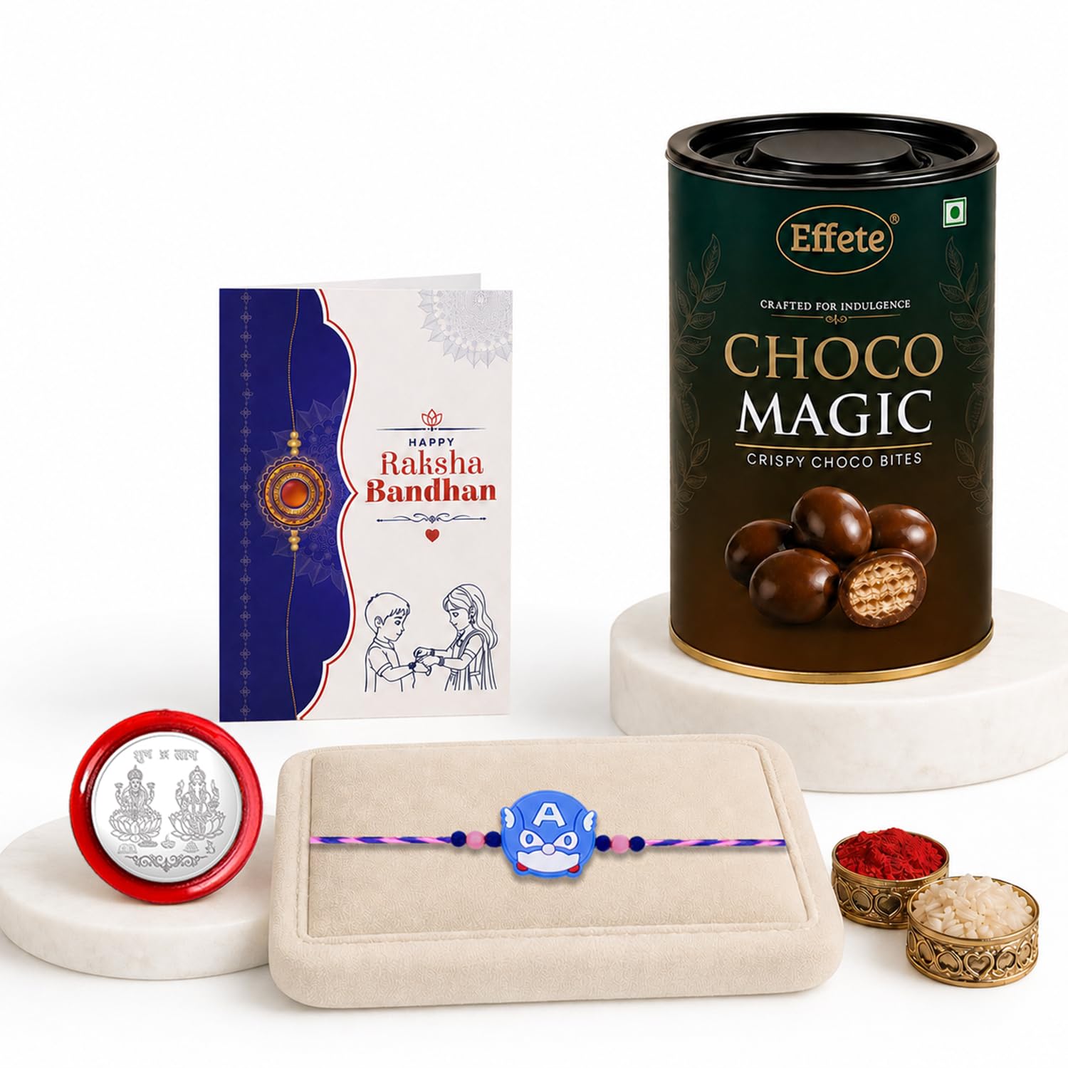 Rakhi with Chocolate for Brother (Set of 5) – Raksha Bandhan Festival Celebration Combo for Bro with Cute Cartoon Style Rakhi, Chocolate, Roli Chawal, Silver Color Pooja Coin & Greeting Card
