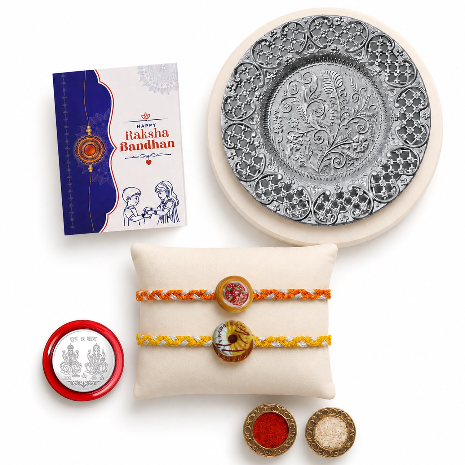Multicolor Strawberry, Donut Bracelet/Rakhi & Pooja Thali with Silver Color Pooja Coin, Tikka/Tilak Set & Greeting Card, Rakhi Gift Hamper (Pack of 6) For Raksha Bandhan