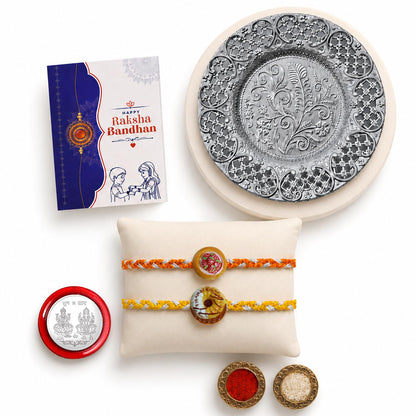 Multicolor Strawberry, Donut Bracelet/Rakhi & Pooja Thali with Silver Color Pooja Coin, Tikka/Tilak Set & Greeting Card, Rakhi Gift Hamper (Pack of 6) For Raksha Bandhan