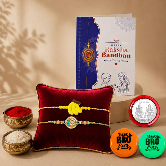 Multicolor Rakhi Round Floral Kundan, Banana & Multicolour Decorative | Pack of 7