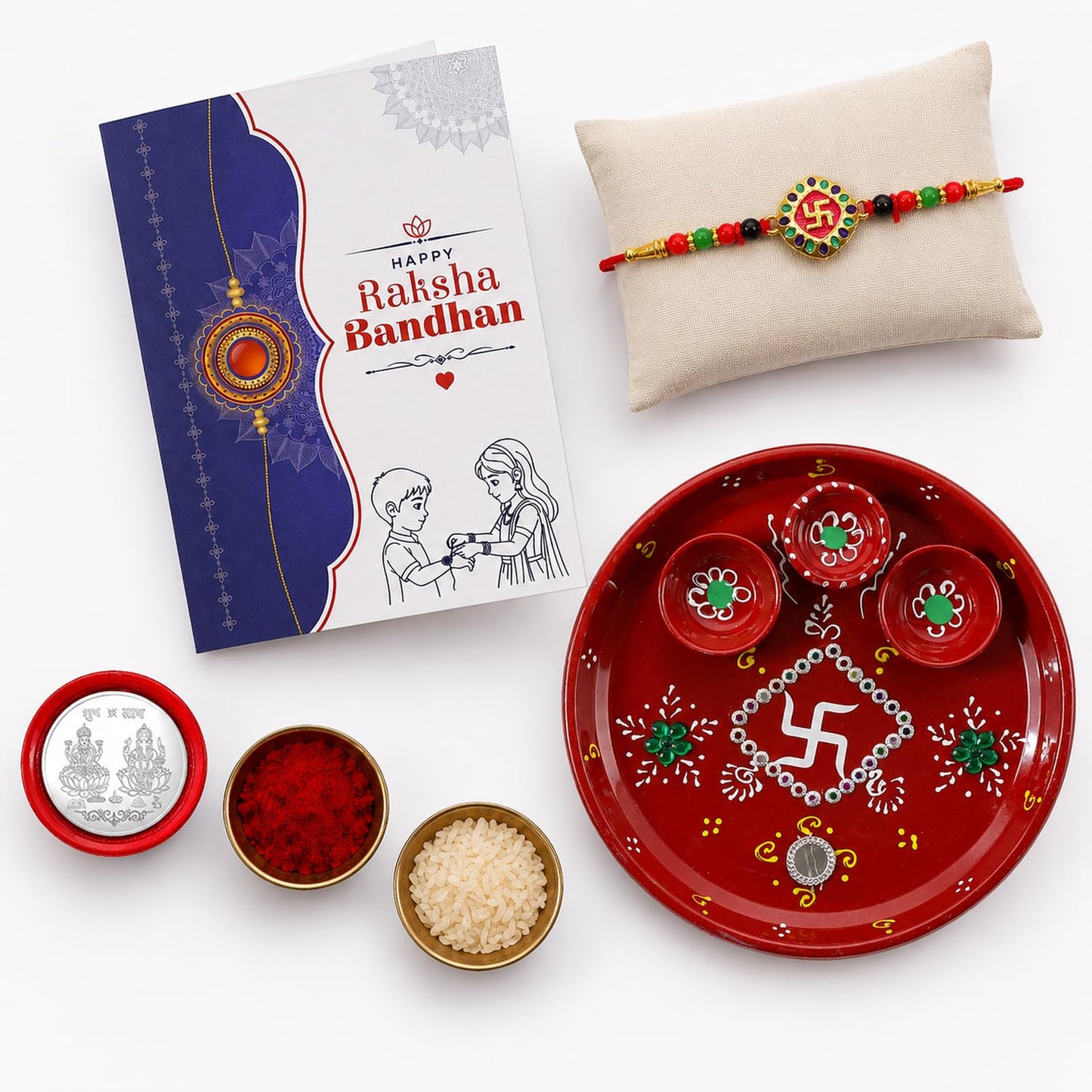 Swastika Rakhi Combo - Raksha Bandhan Gift with Decorated Pooja Thali, Pack of 5