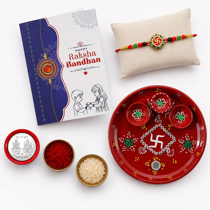 Swastika Rakhi Combo - Raksha Bandhan Gift with Decorated Pooja Thali, Pack of 5