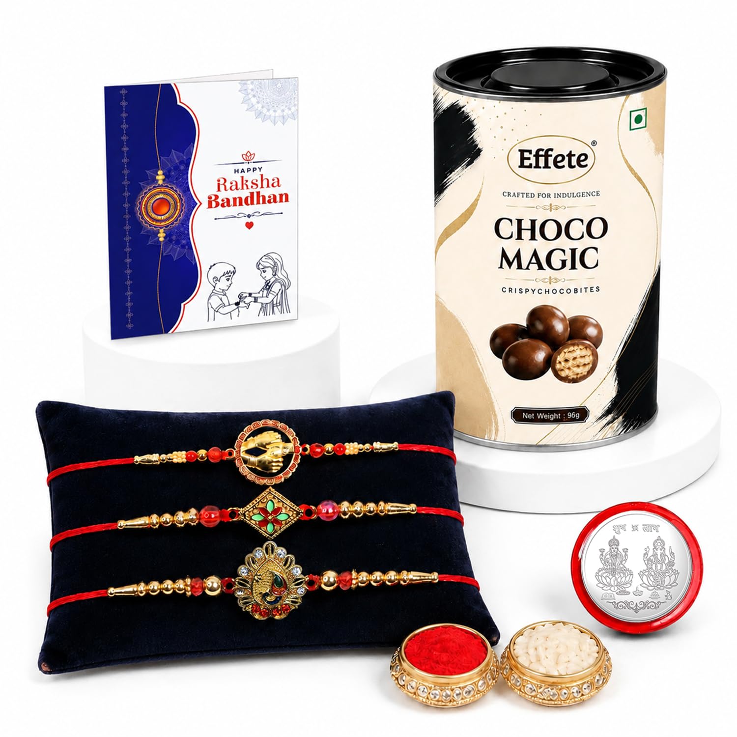 Round Rakhi for Brother with Chocolate Magic 96gm, Roli Tikka & Card, Pack of 7