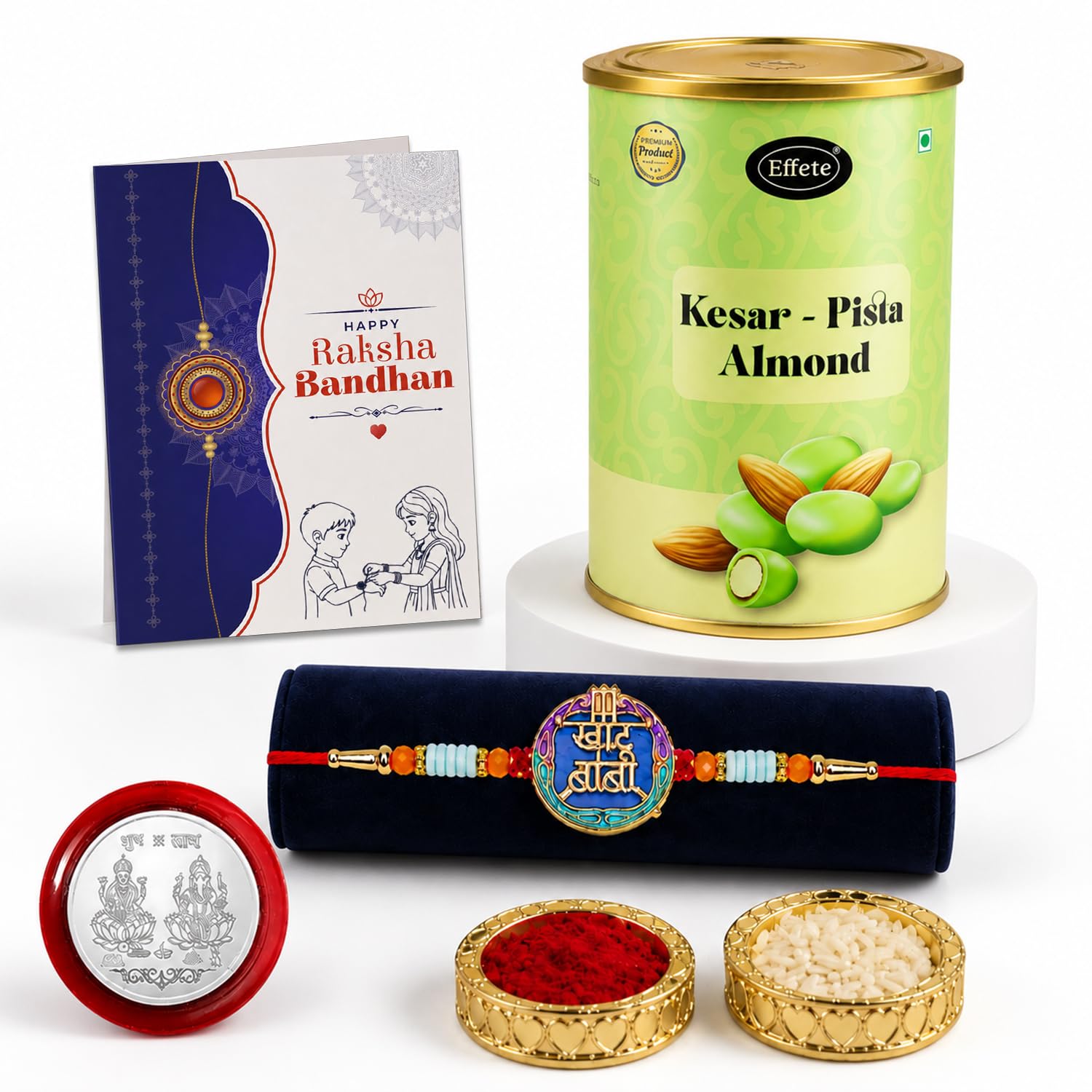 Khatu Baba Rakhi for Brother with Kesar-Pista Almond 96gm, Coin & Card, Pack of 5