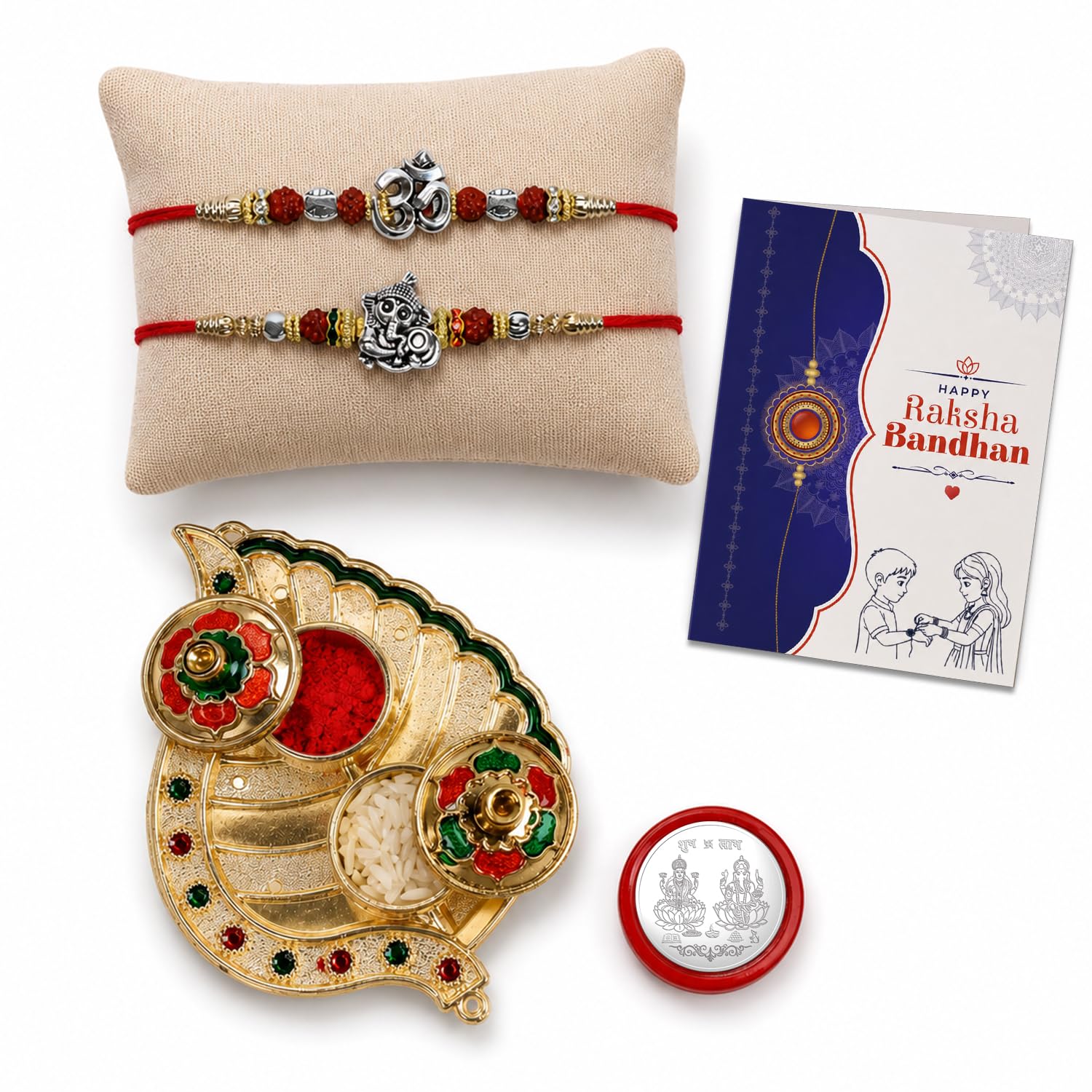Om, Lord Ganesha Rakhi Combo - Raksha Bandhan Gift with Leaf Shape Pooja Thali, Pack of 6