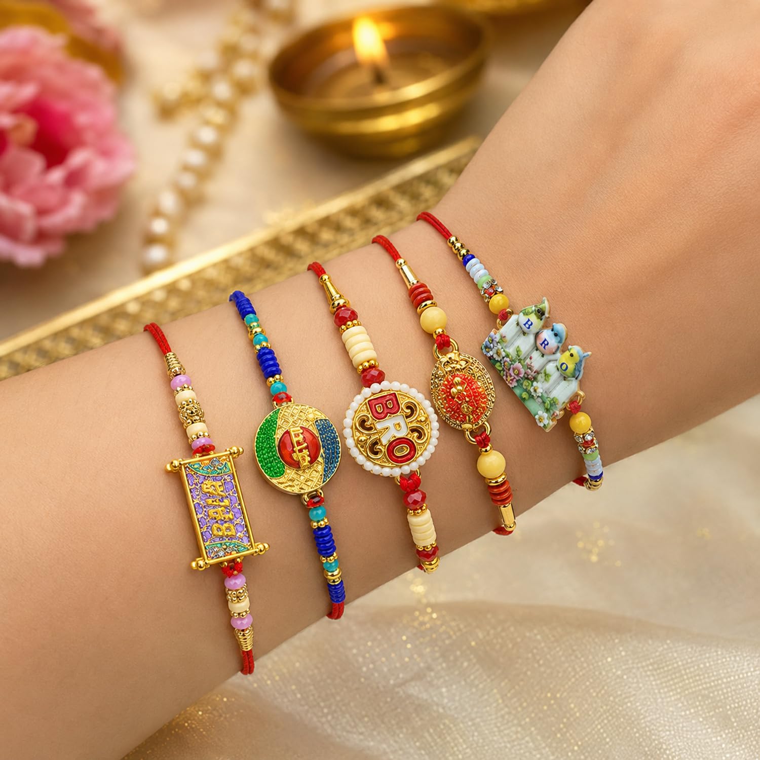 Handcrafted Stylish Rakhi for Brother with Roli Tikka & Greeting Card, Pack of 8