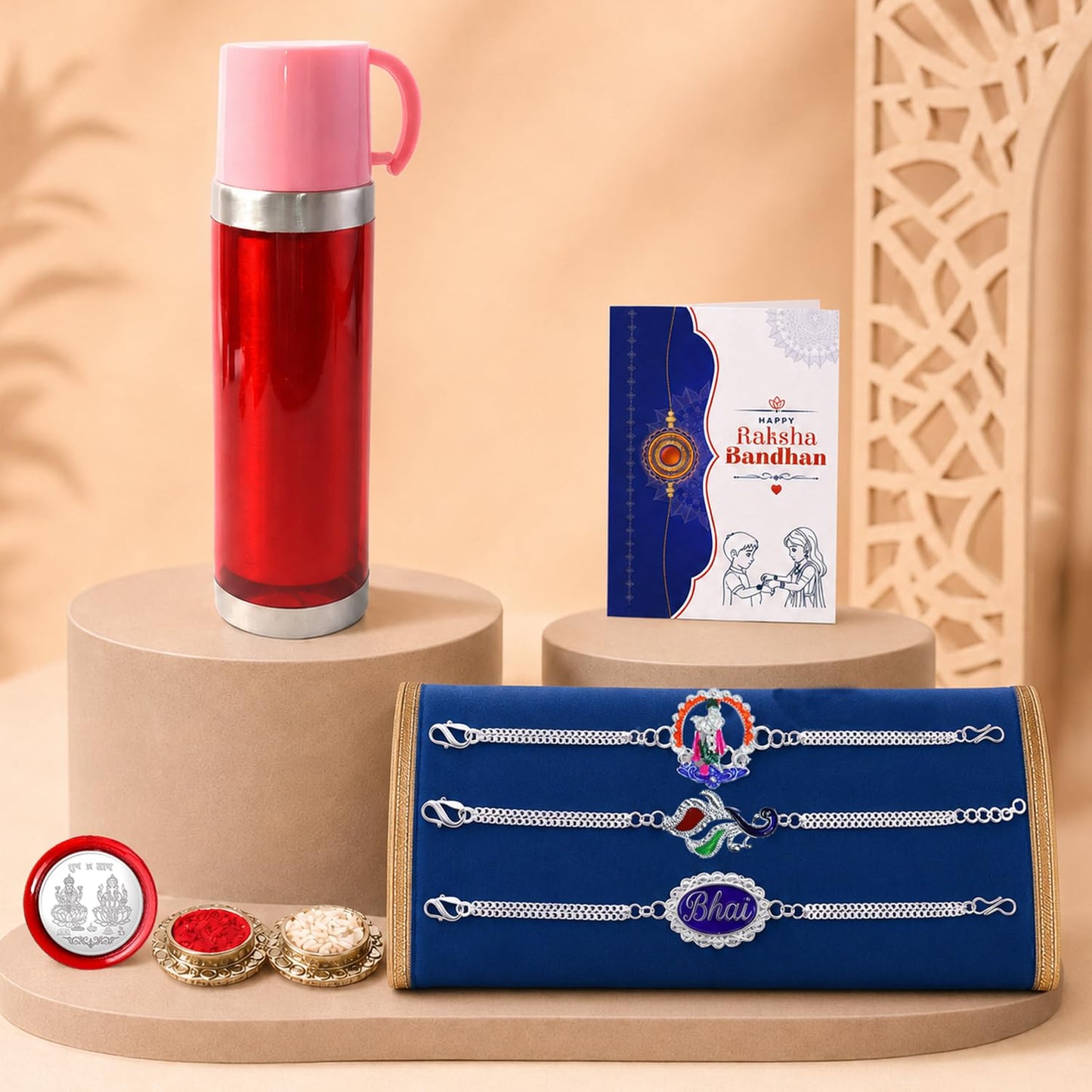 Rakhi for Brother with Travel Mug 500ml - Raksha Bandhan Gift Set, Pack of 7