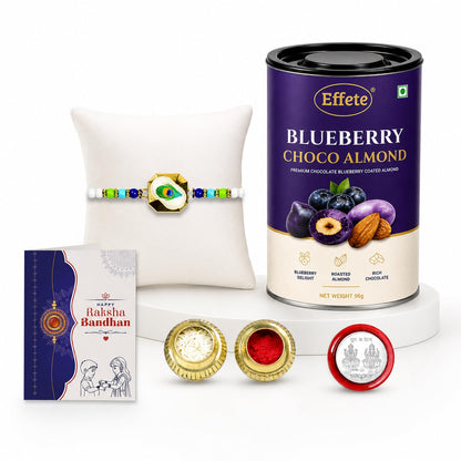Peacock Feather Rakhi for Brother with Blueberry Chocolate Almond 96gm, Pack of 5