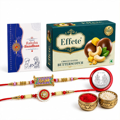Rakhi with Chocolate for Brother (Set of 6) – Raksha Bandhan Festival Celebration Combo with Round Shape & Multicolor Bhai Rakhi, Chocolate, Roli Chawal, Silver Color Coin & Greeting Card