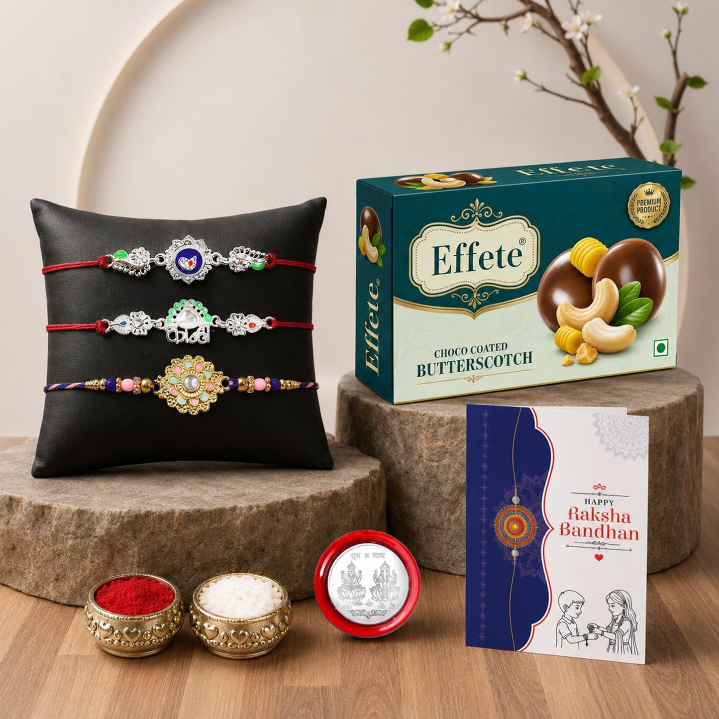Floral Rakhi for Brother with Butter Scotch 32gm, Roli Tikka & Card, Pack of 7