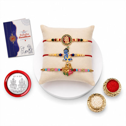 Krishna Beads Rakhi for Brother with Tilak Set, Pooja Coin & Card, Rakhi Set (V2)